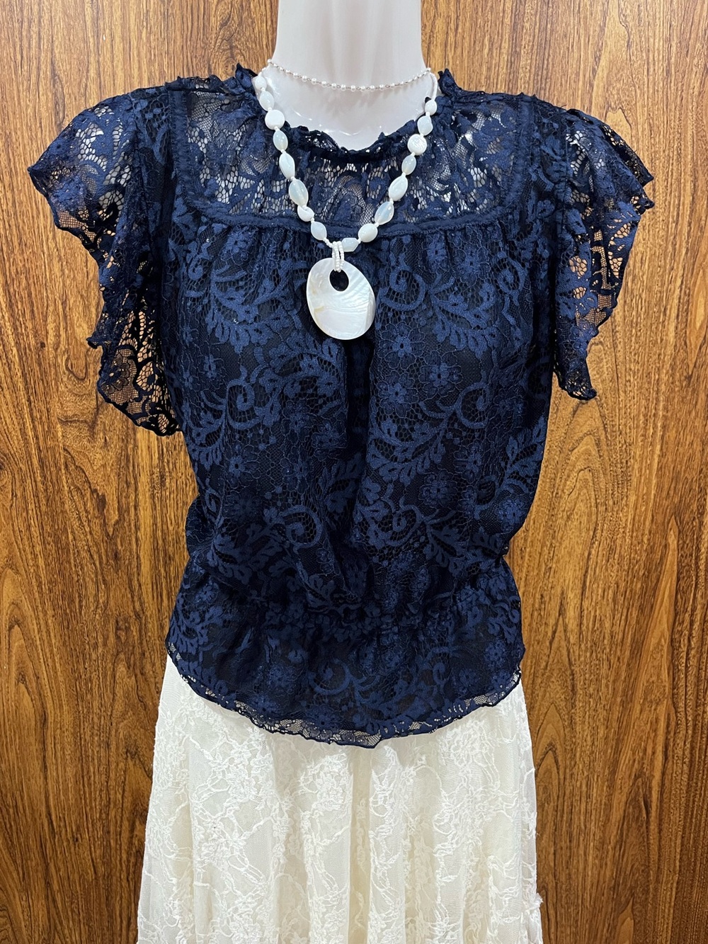 foxiedox Navy Lace Flutter Sleeve Blouse